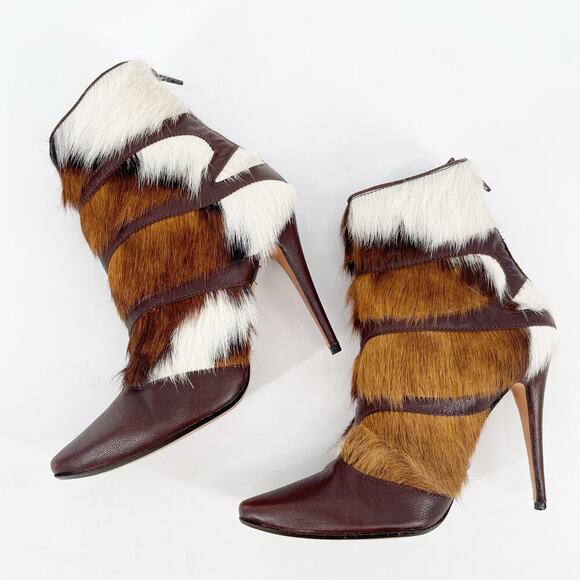Manolo Blahnik Y2K Retro Aziz Cowhide Fur Leather Pointed Toe Heeled Boot IT 37 - Picture 6 of 14